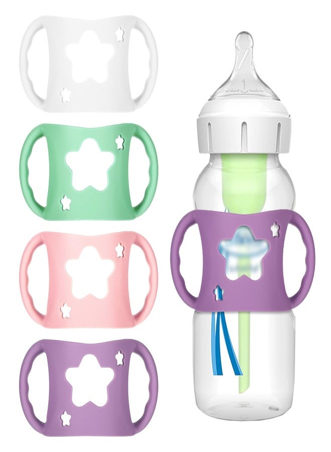 Qiuruoo 4 PCS Handles for Dr Brown Bottles,Durable Food-Grade Silicone Material Baby Bottle Holder,Cute Star Shape Design,Allows Baby to Hold The Bottle Themselves Easily(Green,Purple,Pink,White) - Image 1